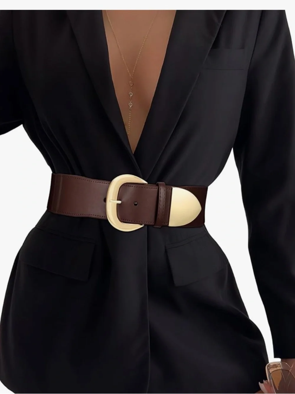 Women’s Wide Brown Leather Elastic Belt with Gold Buckle